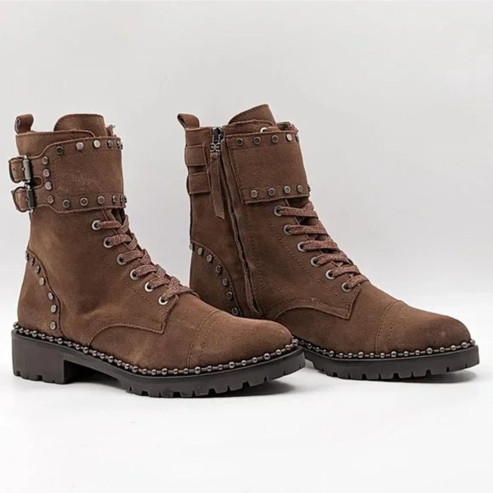 Sam Edelman Jennifer Studded Buckle Brown Suede Combat Boots size 7.5